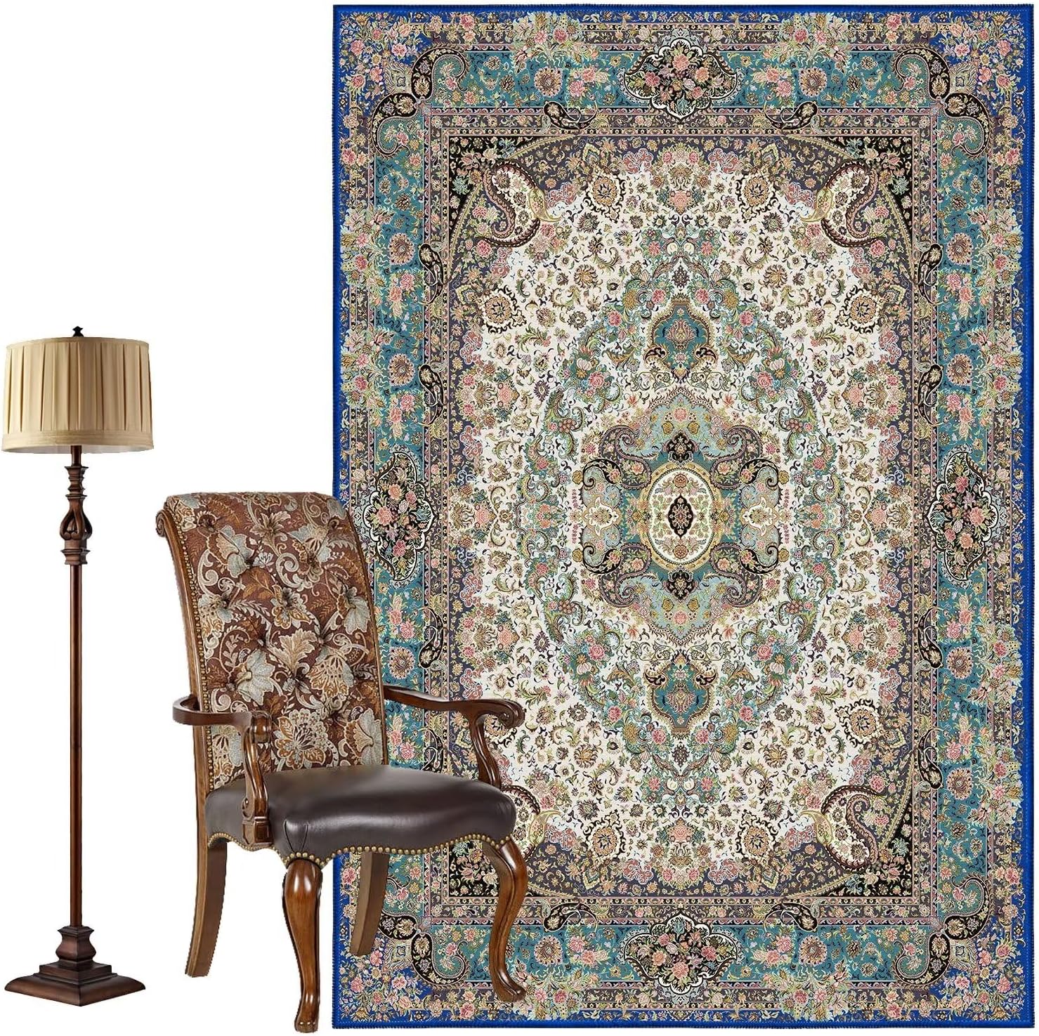 Vamcheer Vintage Washable Area Rug 9x12 - Classic Chenille Rugs for Living Room Bedroom Dining Room Traditional Carpet for Office Kitchen Non Slip Peacock Blue/Floral Outdoor Rug
