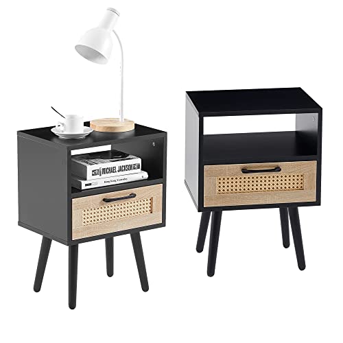 Meihua Rattan Nightstand with Charging Station, Boho Side Table with Handmade Rattan Decorated Drawer, Modern End Table for Bedroom, Living Room.