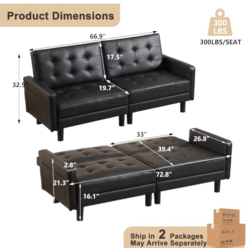 Futon Sofa Bed, Convertible Futon Sofa Couch Bed Daybed with Adjustable Backrests, Linen Fabric Loveseat Sleeper Sofa Bed for Small Space, Living Room, Apartment (Grey, Loveseat)