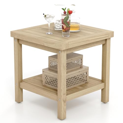 Tangkula 2-Tier Outdoor Side Table, Teak Wood End Table with Storage Shelf, Square Patio Snack Table, Coffee End Table for Porch Deck Garden, Natural