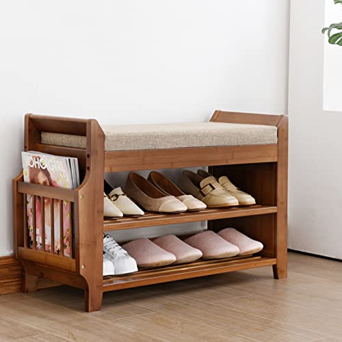 2-Tier Shoe Storage Bench with Storage, Bamboo Shoe Bench with Cushioned Seat, Storage Bench with Hidden for Closet, Entryway, Indoor&Outdoor