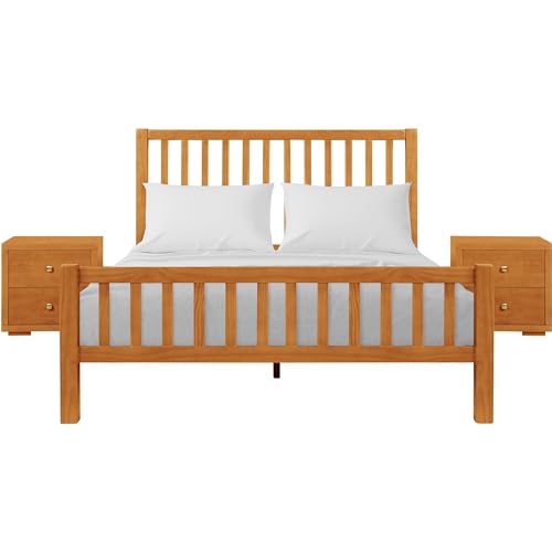 Hampton Wooden Platform Bed with 2 Nightstands | Modern Low-Profile Bed with Full Slat Support System - No Box Spring Needed, Easy Assembly | Cherry, Queen