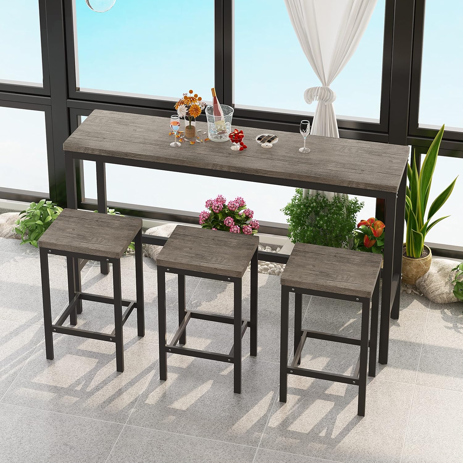 Modern Kitchen Dining Table with 3 Stools for Pub Bar Living Room, Easy Assembly, 1, Brown Gray