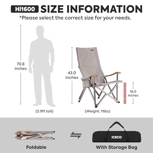 ICECO Hi1600 High Back Camping Chairs for Adults, Heavy Duty Folding Chair for Outside, Portable Outdoor Chairs with Storage Bag, Hold Up 600 LBS, 10 Years Warranty (Not Adjustable)
