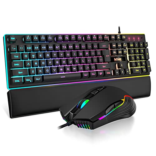 RedThunder K10 Wired Gaming Keyboard and Mouse and Wrist Rest Combo, RGB Backlit, Mechanical Feel Anti-ghosting Keyboard + 7D 7200 DPI Mice+Soft Leather Wrist Rest 3 in 1 PC Gamer Accessories(Pink)