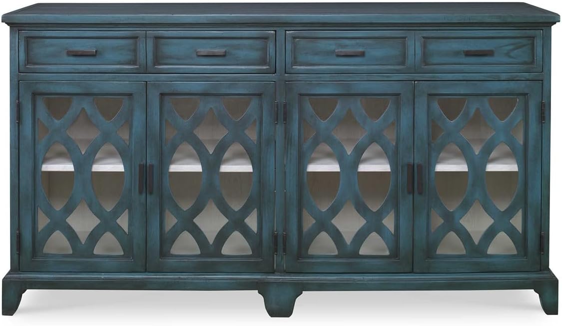MY SWANKY HOME Rustic Cottage Blue Green Lattice Media Console Cabinet Vintage Style Wood Living Room Den 63 W X 35 H X 18 D (in)