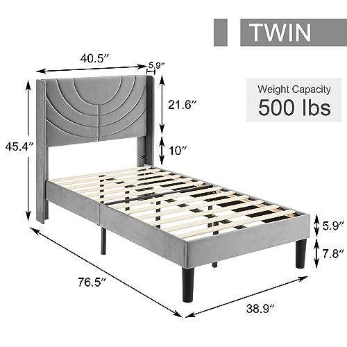 VECELO Twin Size Upholstered Platform Bed Frame with Fabric Headboard,Wooden Slats Support/No Box Spring Needed/Mattress Foundation,Dark Green