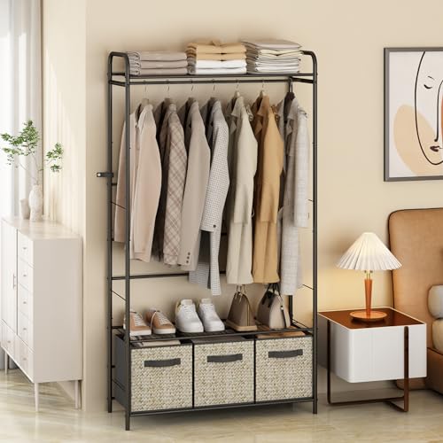 Wisdom Star Garment Rack with Double Shelves for Hanging Clothes, Free-Standing Clothes Rack with Shelves for Bedroom, Bathroom, Metal Clothes Racks for Hanging Clothes, Coats, Shoes, Medium, Black