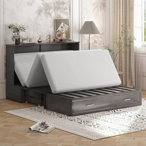 Queen Murphy Bed Chest with Mattress, Murphy Cabinet Bed with USB Charging Station, Murphy Bed Cube Cabinet with Large Storage Drawer Space Saving for Guest Room, Bed Room, Living Room