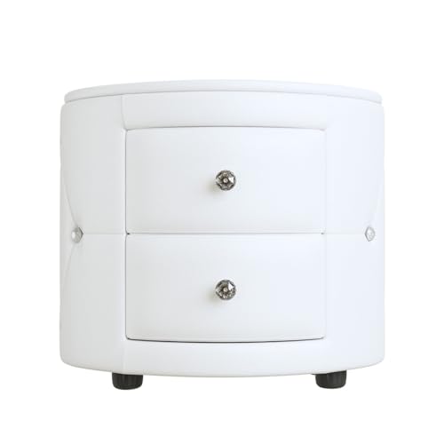 Elegant PU Leather Nightstand with Crystal Knob Accents, Two Drawers, Modern Bedroom Space-saving Table, White