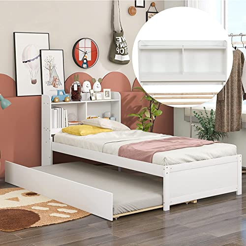 Harper & Bright Designs Full Bed with Trundle, Full Trundle Bed with Bookcase Headboard, Wood Full Size Platform Bed with Twin Trundle Bed Under for Kids Girls Boys, White