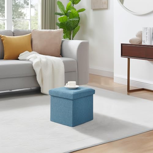 VECELO Storage Ottoman, 11.8'' Folding Footstools, Multipurpose Foot Rest Stool, Foldable Linen Fabric Ottomans, Small Square Ottoman Cube for Living Room/Bed Room/Dorm, Grey