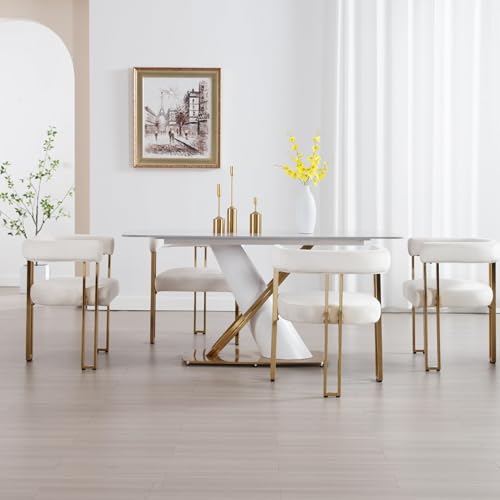 Velvet Dining Chairs Set of 4, Modern Barrel Kitchen Chairs with Curved Open Backrest and Gold Metal Legs Upholstered Accent Chairs for Dining Room/Reception, Khaki