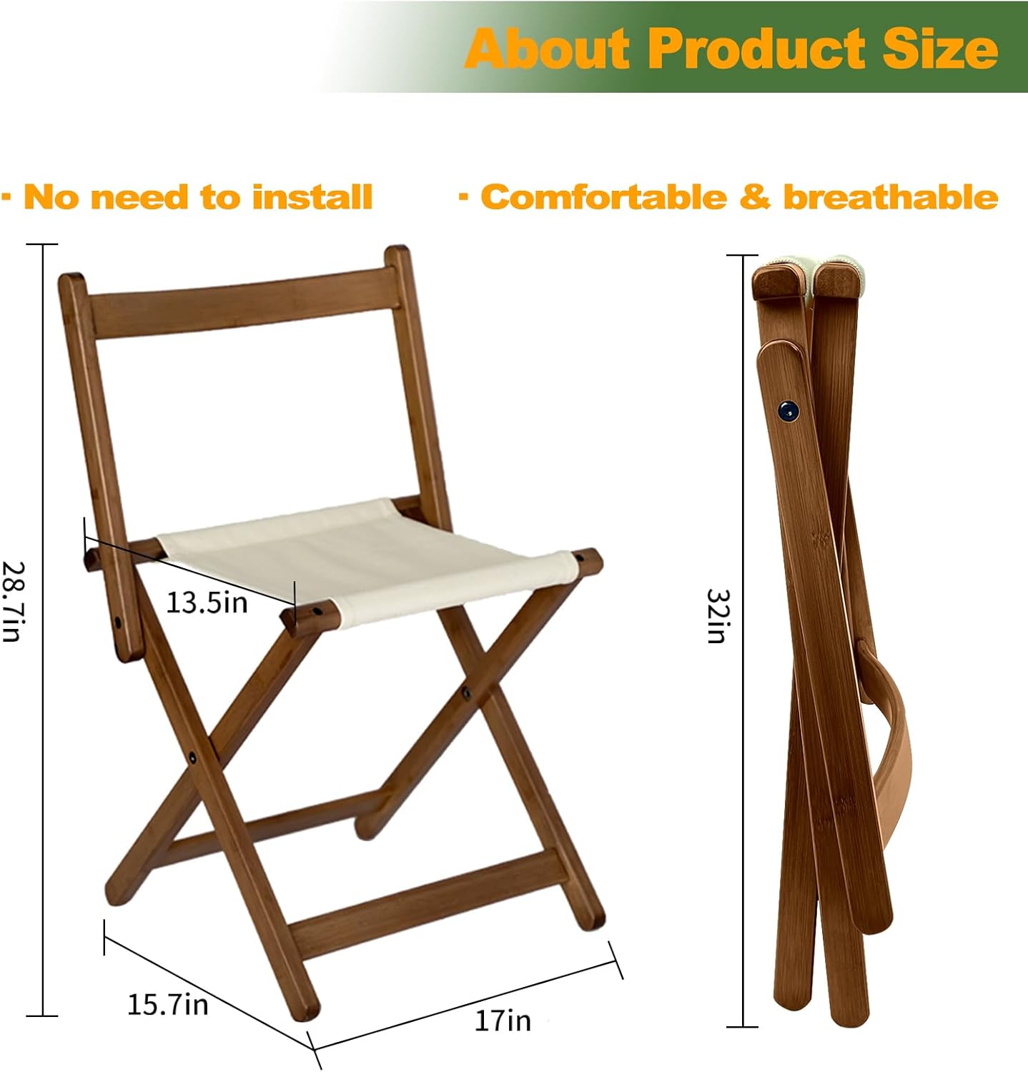 Bamboo Folding Chair, Stackable Chair, Foldable Dining Chair for Outdoor & Indoor with Breathable Fabric, for Living Room, Bedroom, Dining Room, Lightweight Bamboo Frame