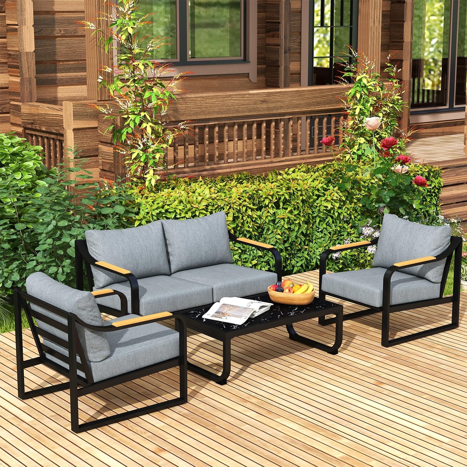 4 Pieces Outdoor Patio Furniture Set with Table, Metal Conversation Set, Modern Outside Sofa Set for Deck, Balcony, Backyard and Porch