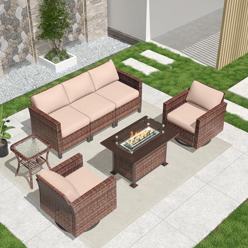 Amopatio Patio Furniture Set with Fire Pit Table, 7 Pieces Outdoor Sectional Patio Sofa, Wicker Rattan Conversation Sets for Backyard, Pool, Beige（Include Waterproof Covers ）