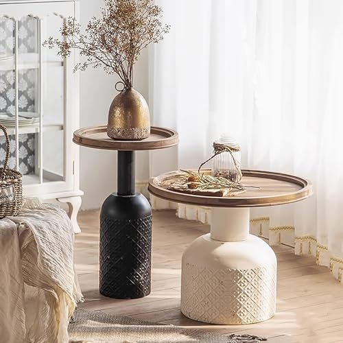 Farmhouse Round Coffee Table with Metal Base,Rustic Unique Sofa Side Tea Tables Wood Top,Boho Nesting End Table for Living Room,Bedroom, Set A