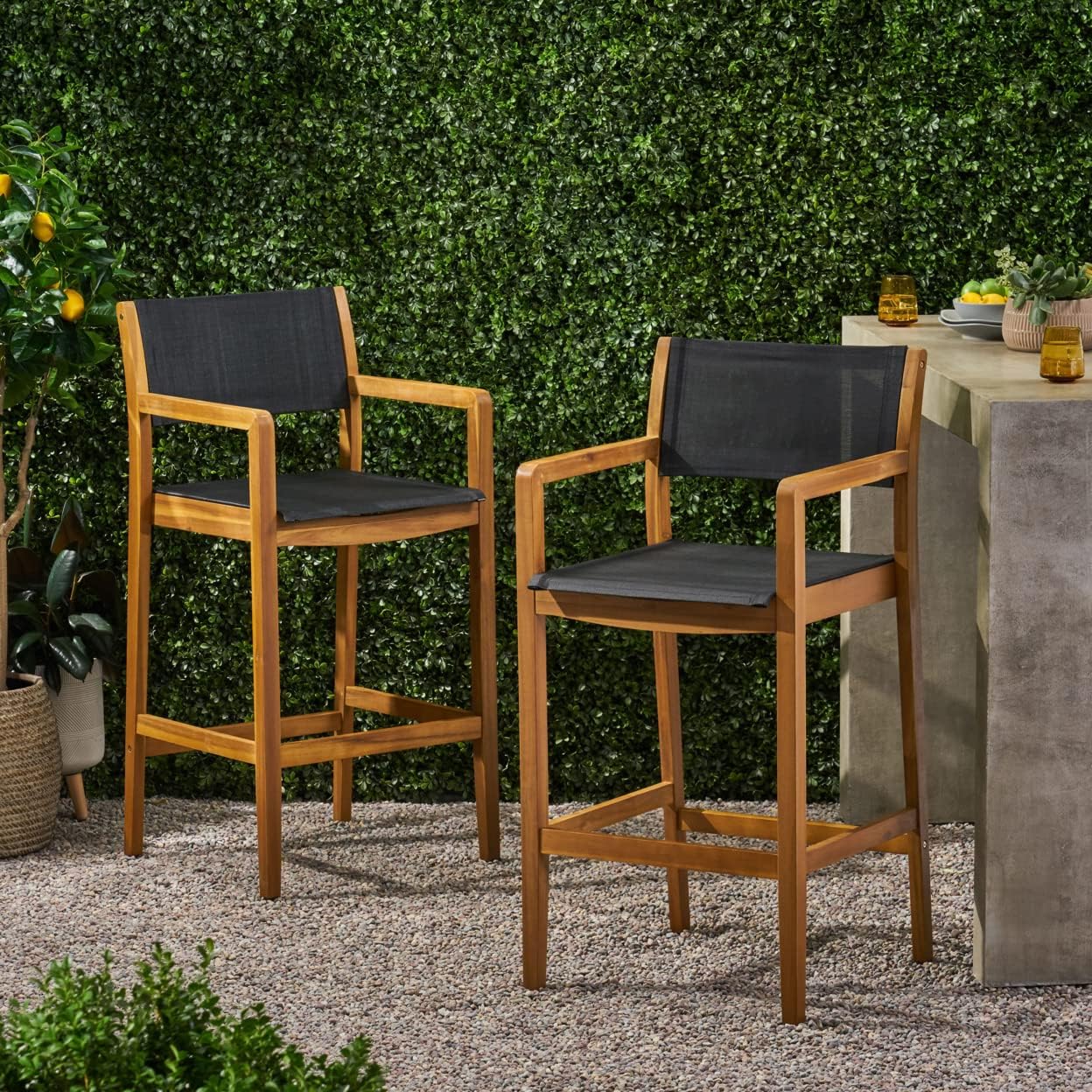 Christopher Knight Home Calista Acacia Wood Barstools with Outdoor Mesh (Set of 2), Teak and Black