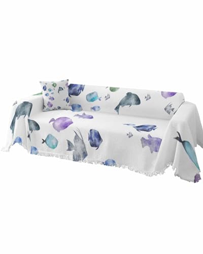 Ocean Colorful Fish Cover Couch Covers for 3 Cushion Couch Throw Couch Cover Tassel Soft Slipcover Summer Abstract Blue Purple Green Gray Fish on Burlap Couch Furniture Protector for Dog Pet 71