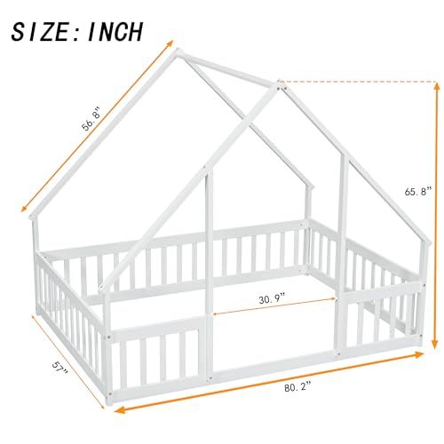 Unique Wooden Full Size House Shaped Floor Bed with Roof,Fence and Guardrails,for Kids Boys Girls Teens Bedroom Use (White@Fence, Full)