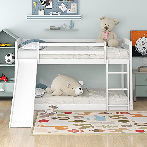 SOFTSEA Junior's Floor Bunk Bed with Built-in Ladder Low Bunk Beds for Kids, Twin Over Twin