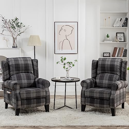 Recliner Chair Set of 2 - Manual Pushback Adjustable Reclining Fabric Single Lazy Boy Accent Sofa for Living Room Small Spaces Adults Wingback Dark Grey