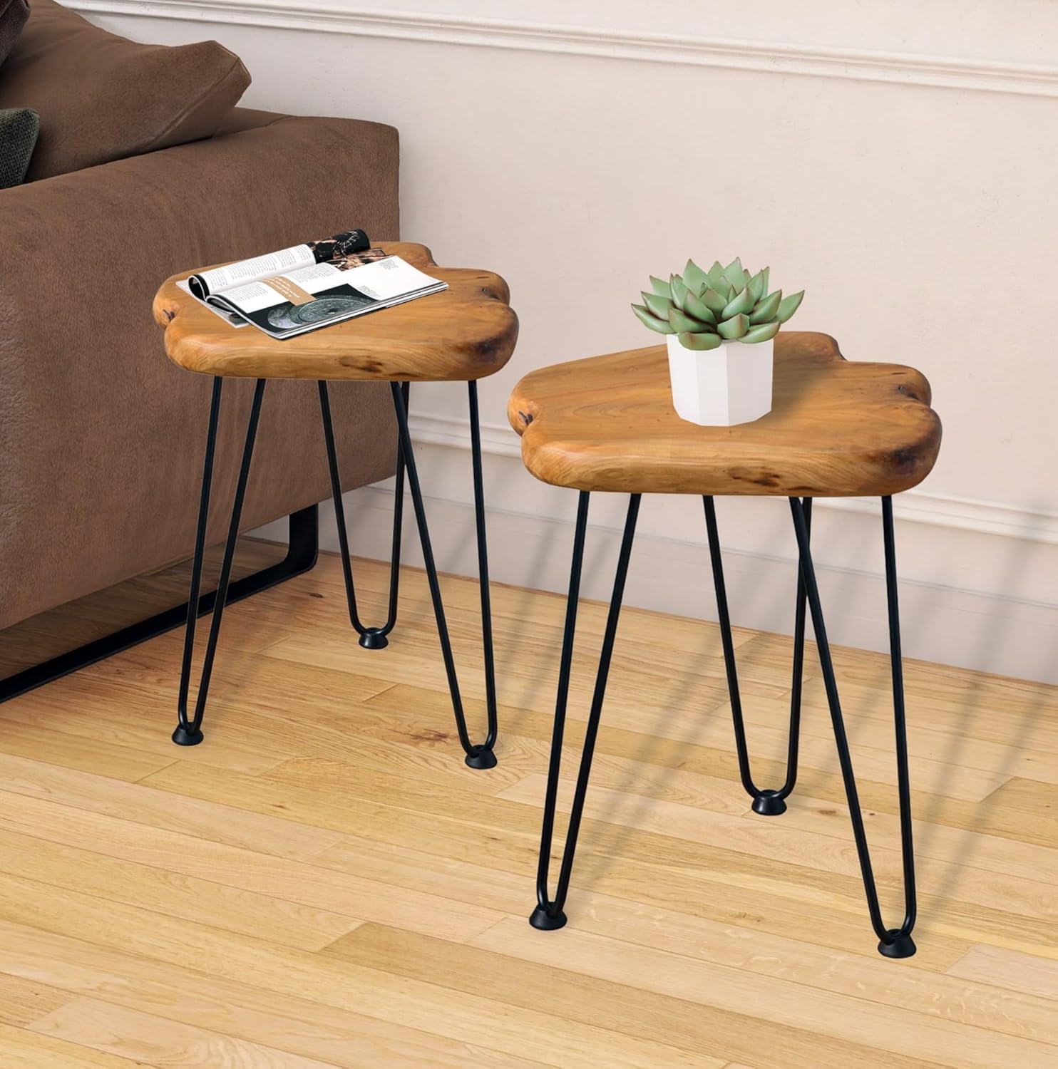 Brefhome Set of 2 Live Edge Wood End Table with Metal Legs,Rustic Coffee Side Table- Used in Living Room or Bedroom - 18.1