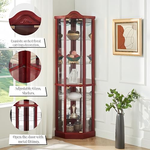 Curio Cabinet with Lighted, Display Cabinet with Glass Doors, Corner China Cabinet with Tempered Adjustable Glass Shelves & Carved Decoration (Crown Roof, Cherry)