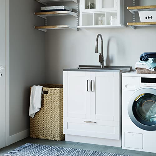 SIMPLIHOME Lawrence Transitional 28 Inch Laundry Cabinet with Faucet and Stainless Steel Sink in White, For the Laundry Room and Utility Room