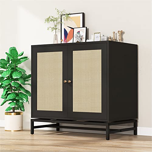 Rattan Cabinet Set of 2,Sideboard Buffet Cabinet with Storage,Accent Cabinet Kitchen Storage Cabinet with 2 Doors/Adjustable Shelves,Cupboard Console Table for Dining Room, Hallway,Black