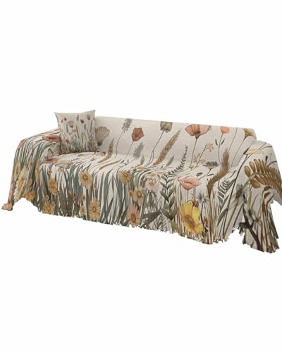Fall Sofa Cover Couch Covers for 3 Cushion Couch Throw Couch Cover with Tassel Soft Sofa Slipcover Autumn Floral Flowers Plants Beige Couch Furniture Protector for Dog Pet 71