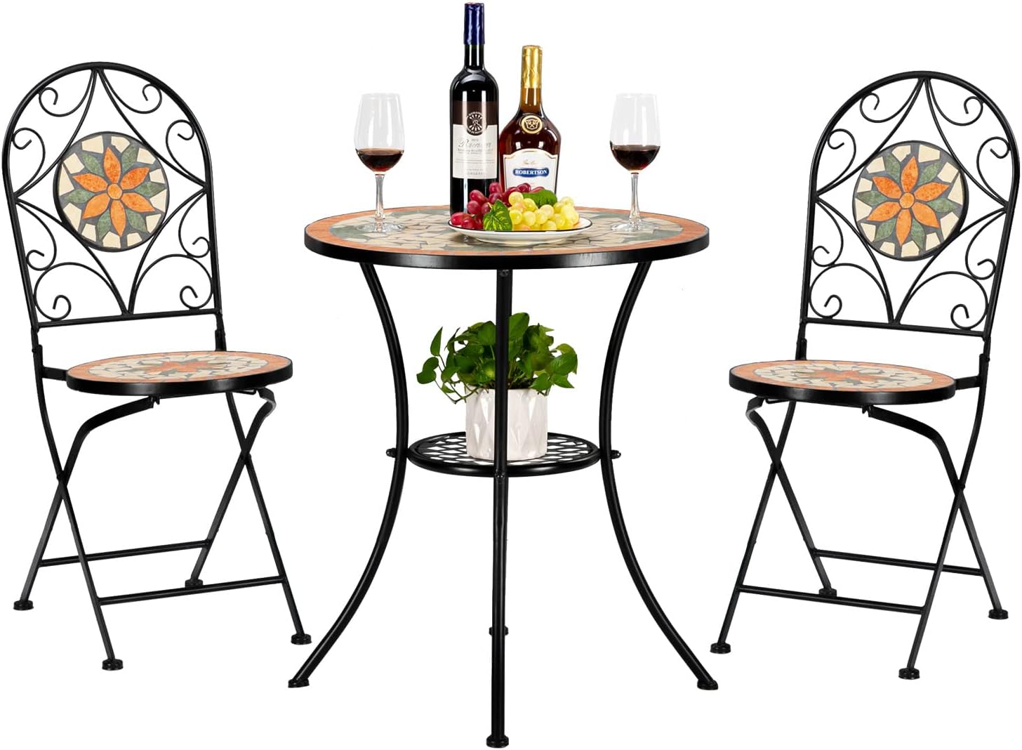 VINGLI 3 Pieces Garden Patio Mosaic Table, Outdoor Bistro Set with Folding Chairs,Black Iron Frame