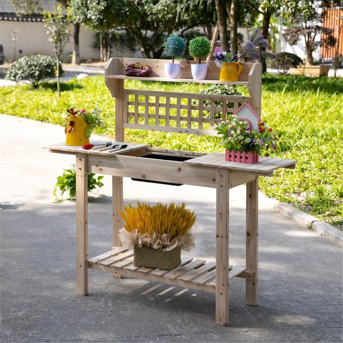 Outdoor Wooden Potting Bench Table with Sink, Garden Workstation with Storage Shelf, Beige