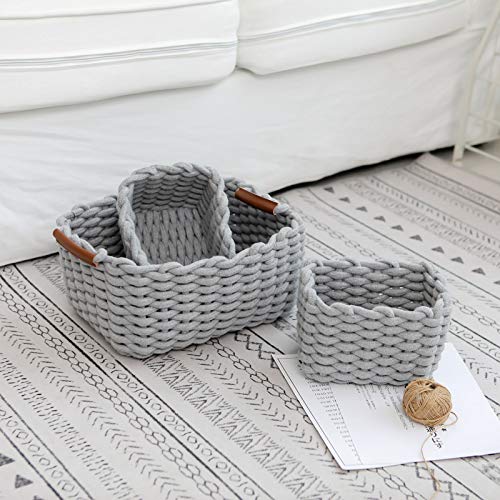 Cotton Rope Blanket Storage Basket for shelf,small decorative woven basket Organization and storage for Candy Food Nursery Baby Clothes Towels Diaper Caddy Books (Set of 3, White)