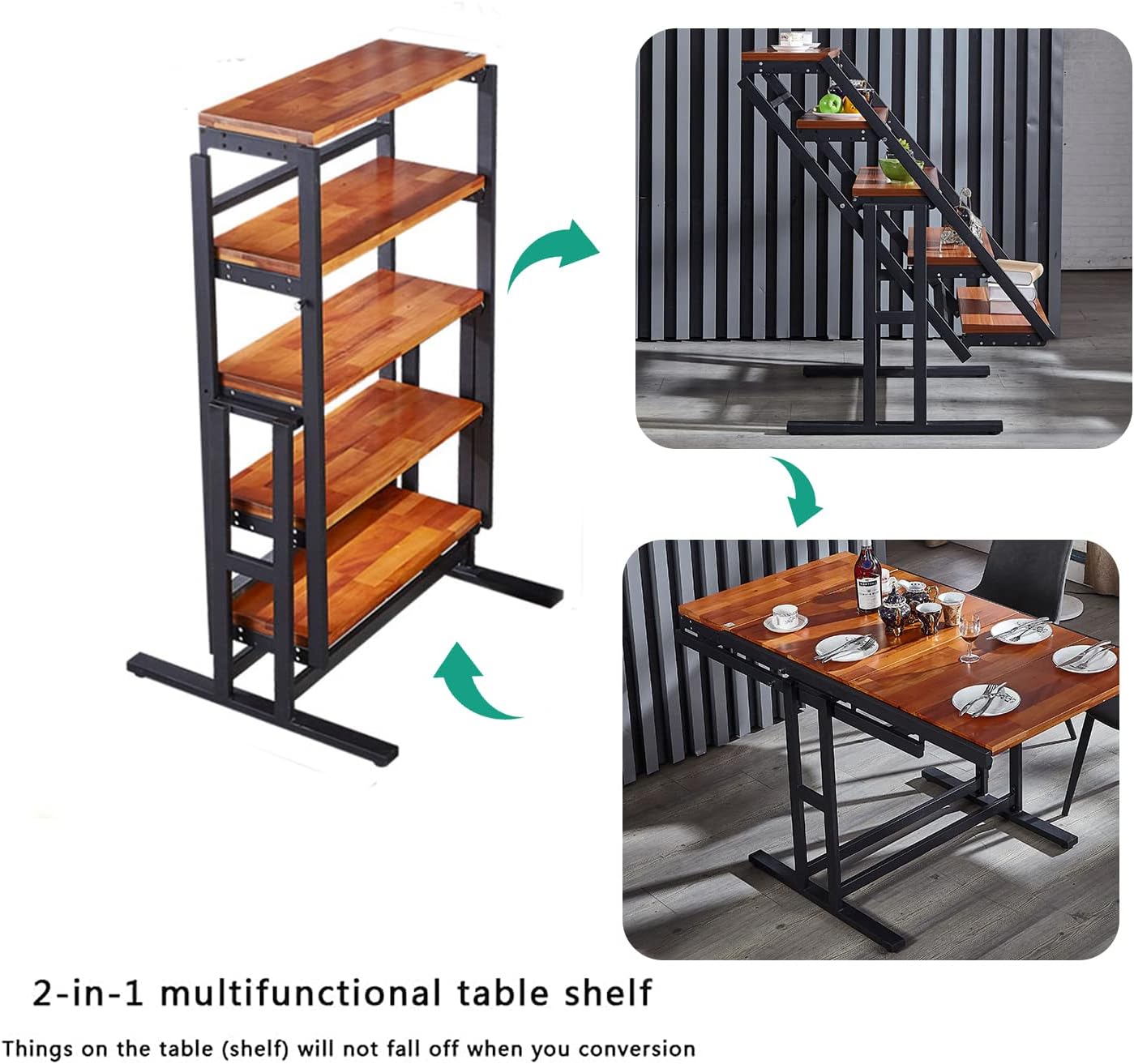 Goujxcy Convertible 2 in 1 Shelf to Table, Convertible Shelf Table, Solid Wood Dining Table＆Metal Display Bookshelf Stand for Small Spaces, Multipurpose Storage Shelf Display Rack for Living Room