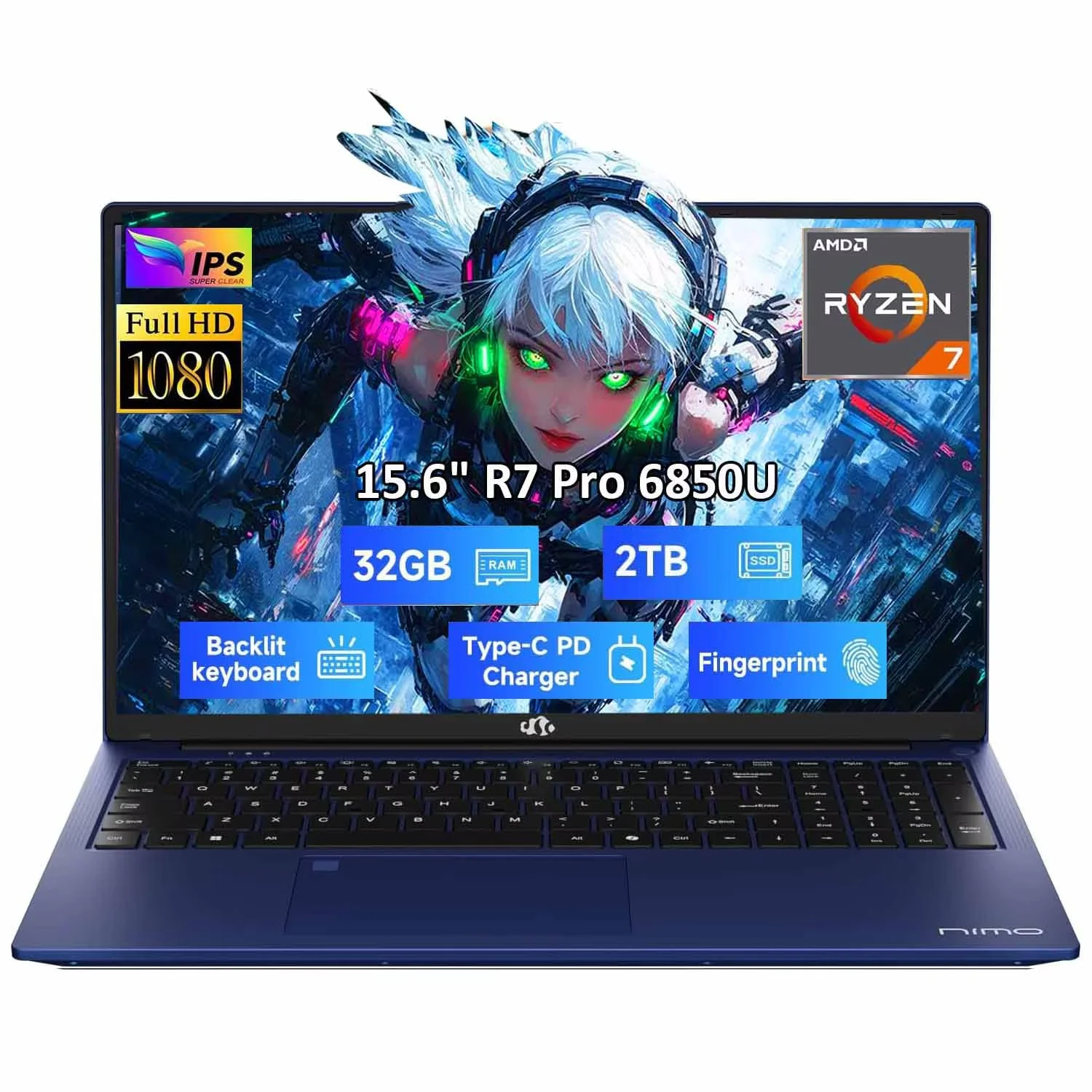 15.6" Gaming Laptop 8 Cores AMD Ryzen 7 Pro 6850U 32GB LPDDR5 RAM 2TB SSD (Beat i7-1360P Up to 4.7GHz) AMD Radeon 680M GPU IPS FHD Computer with 100W Type-C Backlit Keyboard Fingerprint