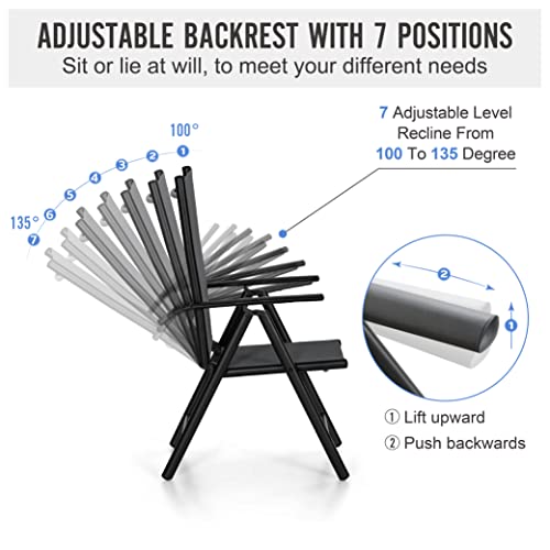 PHI VILLA Outdoor Patio Dining Sets for 6, Outdoor Furniture Dining Table Set with 6 Reclining Folding Sling Patio Chairs & 1 Large Rectangular Wood Like Top Table for Yard, Black
