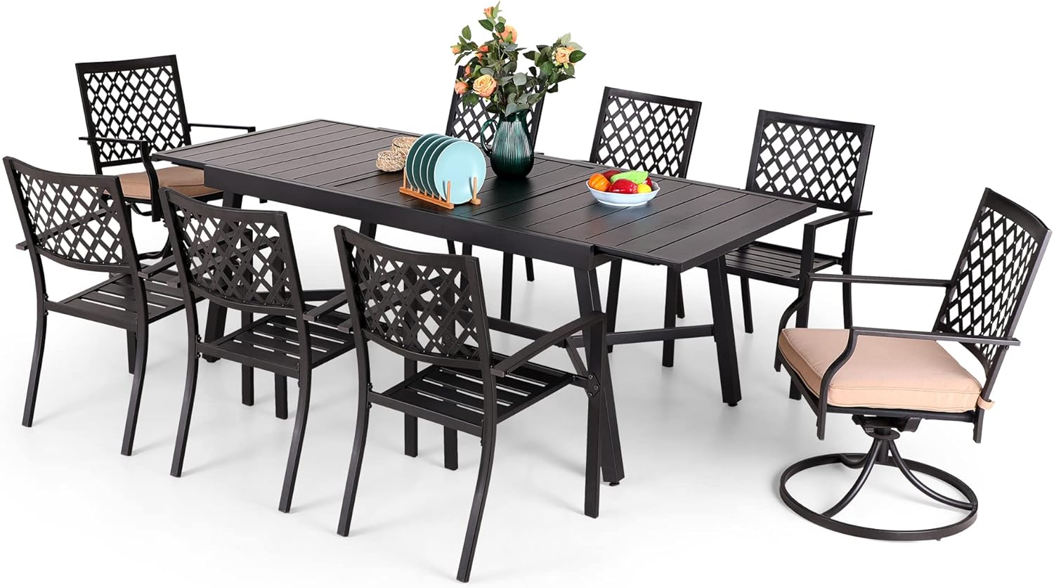 PHI VILLA Patio Furniture Set Outdoor Table and Chairs Outdoor Furniture 9 Pieces, 6 x Patio Dining Chairs, 2 x Swivel Chairs, Outdoor Furniture Expandable Dining Table for Patio Lawn Garden Backyard