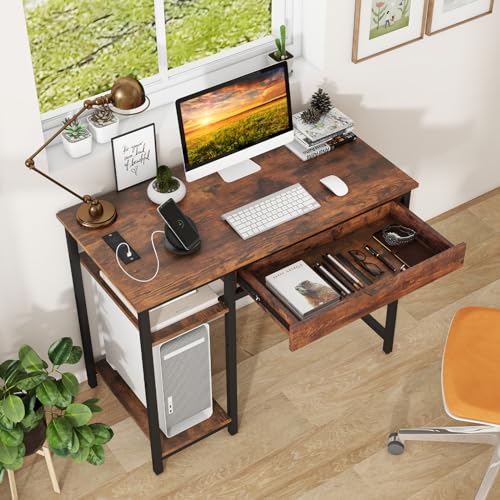 Tangkula Computer Desk with Charging Station, 40” Industrial Home Office Desk with Drawer & Adjustable Shelf, Compact Computer Workstation with CPU Stand & Headphone Hooks, Study Writing Desk