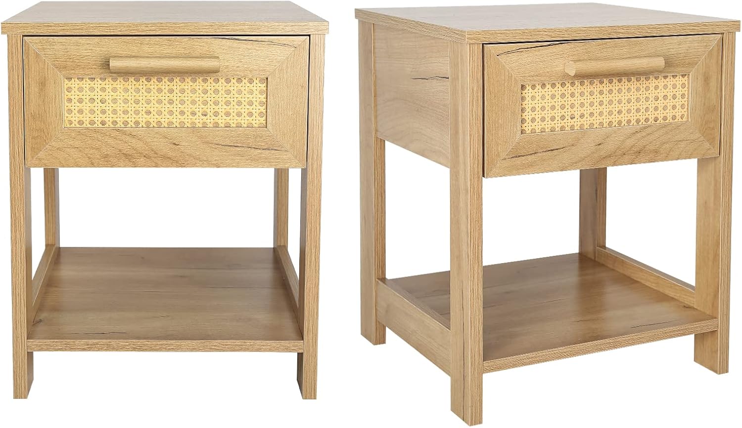 Nightstand Set of 2, 2 Drawer Dresser for Bedroom, Small Dresser with 2 Drawers and Two Open Storage Shelf, Bedside Furniture, Night Stand, End Table with Rattan Design, Natural Color