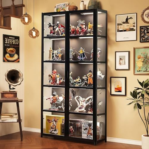5-Tier Curio Display Cabinet, Storage Shelves with Acrylic Glass Door, Collectibles Toy Organizers Rack & Display Shelf, Kids Bookshelf and Bookcase for Playroom, Bedroom