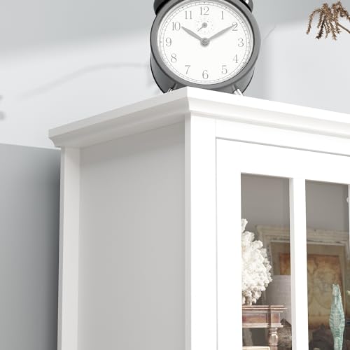 Hitow Tall Bookshelf White Bookcase with Glass Doors, Wooden Display Cabinet with 4-Tier Shelf & 2 Drawers, Pantry Cabinet for Home Office, Living Room, White (31.5”W x 15.7”D x 70.1”H)