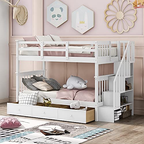 Full Over Full Bunk Bed with Stairs Storage and Twin Size Trundle, Wood BunkBed with 4 Drawers & Guard Rails, for Kids Teens Adult Bedroom, White
