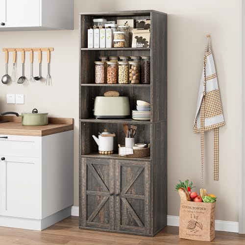 Farmhouse Bookcase with Doors 71.4in Tall Bookshelf 11.8in Depth Display Storage Shelves Industrial Bookcases Wooden 6 Shelf Bookshelves for Bedroom, Living Room, Home Office
