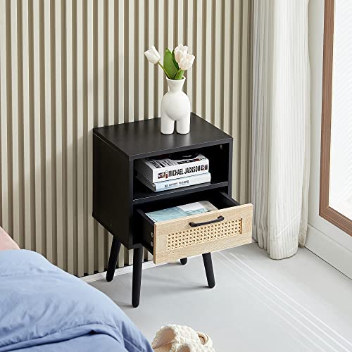 Meihua Rattan Nightstand with Charging Station, Boho Side Table with Handmade Rattan Decorated Drawer, Modern End Table for Bedroom, Living Room.