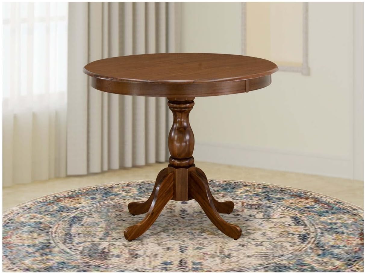 Art Nouveau Allure Round Wood Table Walnut Color Table Top Surface and Asian Wood Modern Dining Table Pedestal Legs Walnut Finish