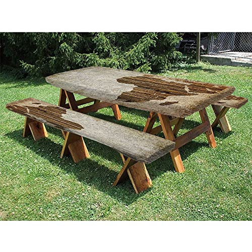 Rustic Picnic Fitted Tablecloth and Bench Seats Table Cover, Traditional Wooden Timber Door with Vertical and Planks Farmhouse Antique Photograph, for outdoor picnic parties, 28 x 72 Inch Pale Brown