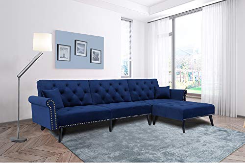 JULYFOX Navy Blue Sectional Sofa Sleeper Bed, 900 LB Heavy Duty 115 inch Velvet Sofa Futon W/Chaise Recliner Back Modern Day Bed W/Nail head Trim for Living Room Small Spaces Office