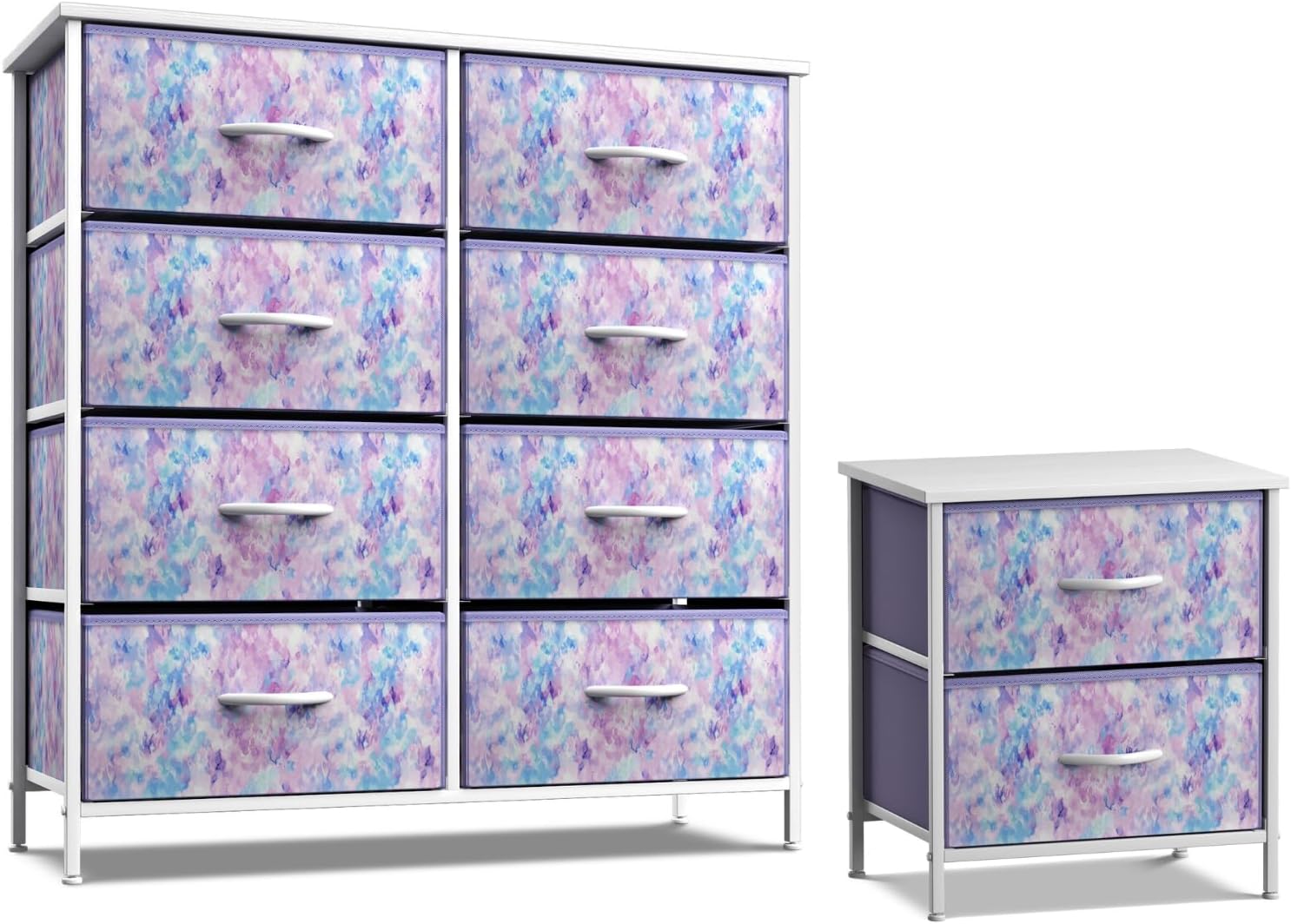 Sorbus Kids Dresser with 8 Drawers and 2 Drawer Nightstand Bundle - Matching Furniture Set - Storage Unit Organizer Chests for Clothing - Bedroom, Kids Rooms, Nursery, & Closet (Tie Dye)