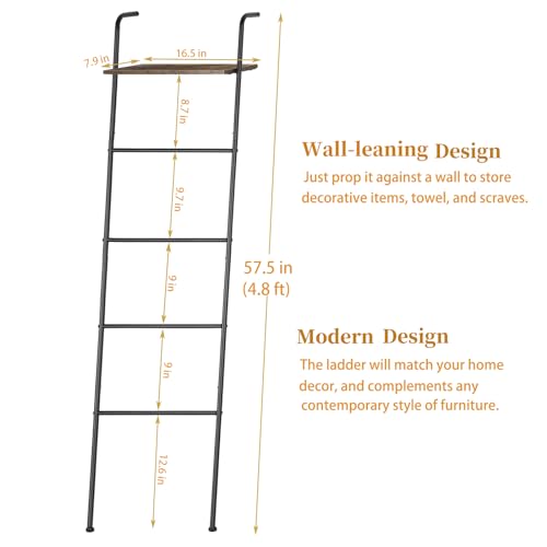 Vrisa Blanket Ladder Set of 2 Blanket Rack for Living Room Wall Ladder with Shelf and 8 Hooks Towel Ladder for Bathroom Farmhouse 5-Tier Metal Bath Towel Storage Black